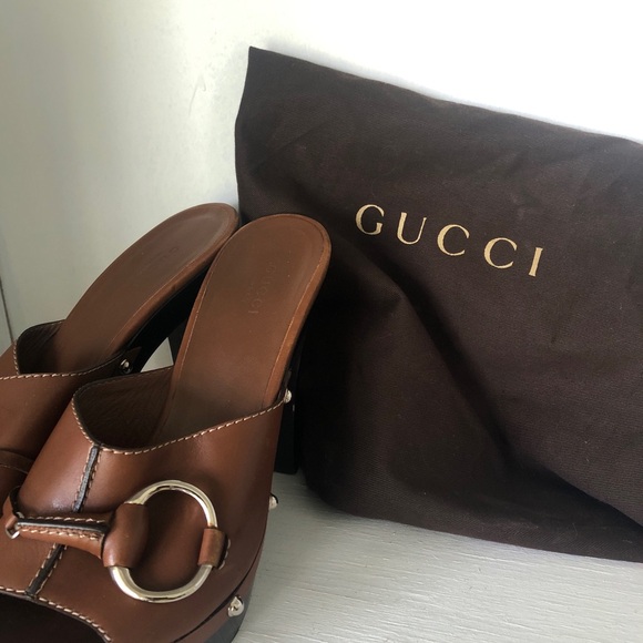 Gucci Leather Platform Slide on Sandal Heels Brown Size 38 7.5 - Picture 9 of 10